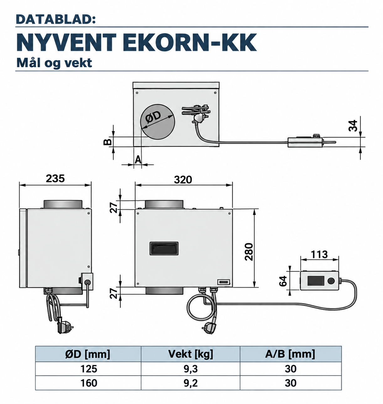 Mål og dimensjoner for Nyvent EKORN-KK radonvifte