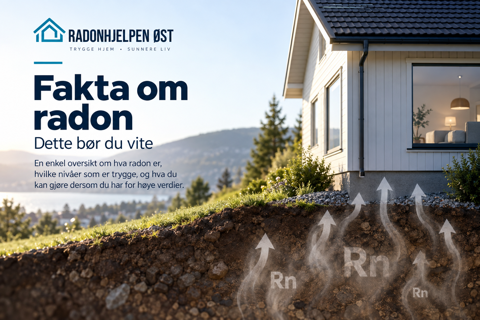 Illustrasjon av radon som trenger inn i en bolig fra grunnen