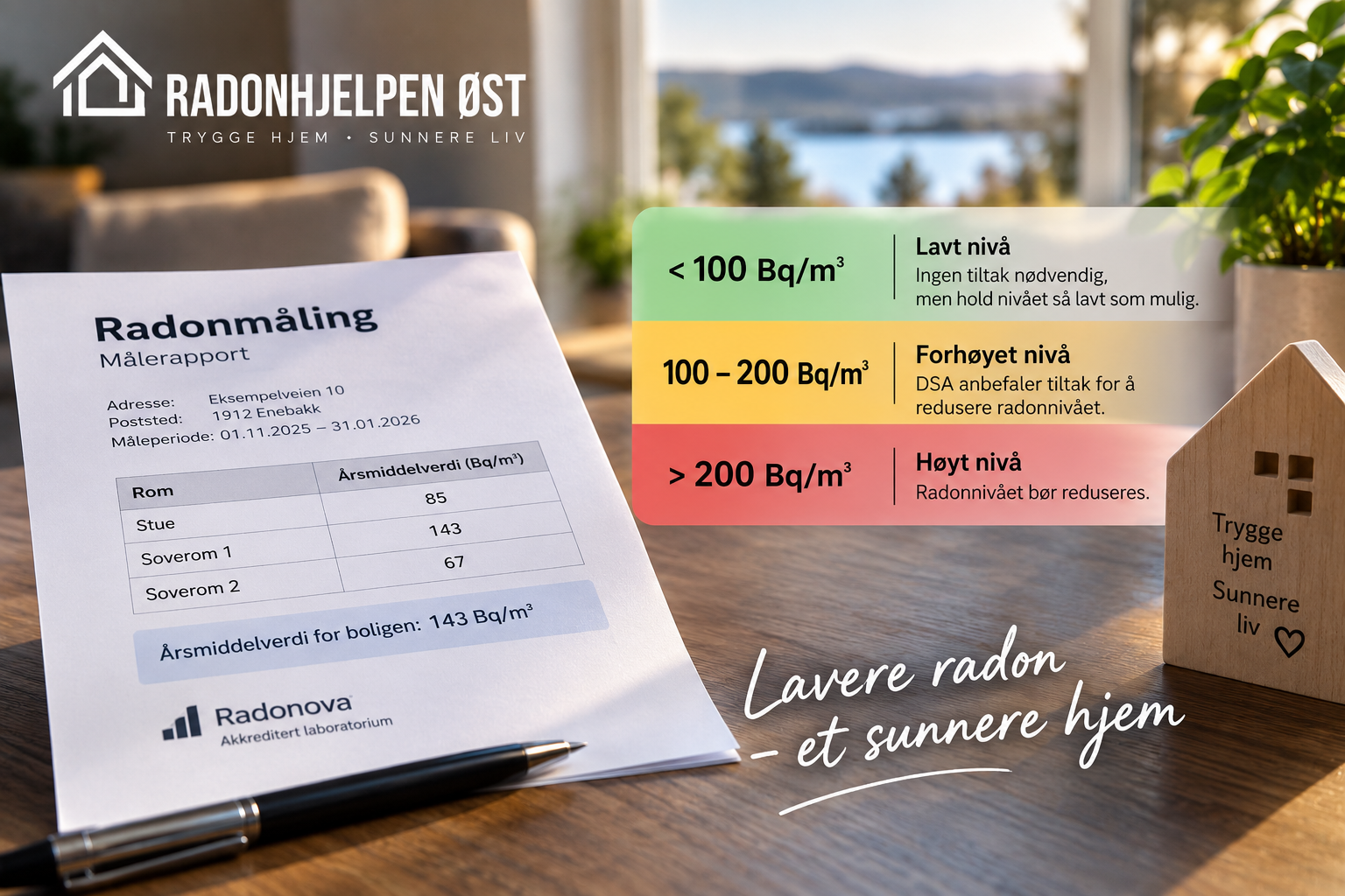 Radonmåling med måleresultat og nivåer for 100 og 200 Bq/m³