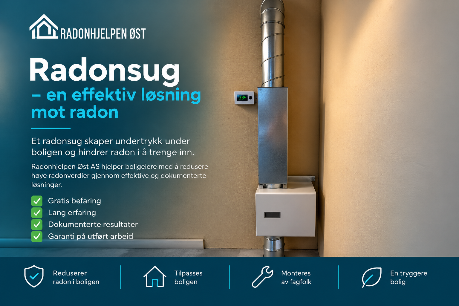 Radonsug med vifte og rørsystem for å redusere radon fra grunnen