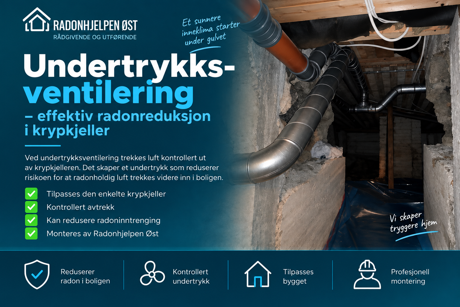 Krypkjeller med ventilasjonsanlegg for reduksjon av radon