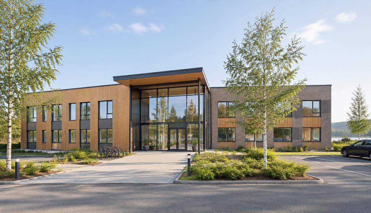 Moderne norsk kontor- og næringsbygg på Østlandet