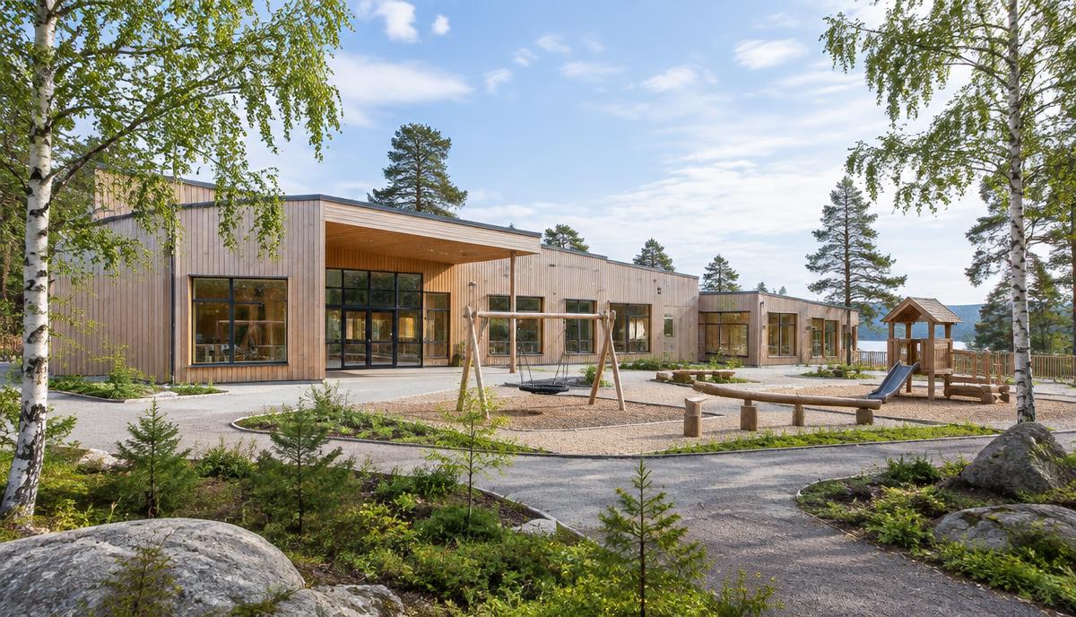 Moderne norsk skole eller barnehage med uteområde